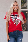 Red Leopard Striped Heart Shaped Print Crew Neck T Shirt - Aaria Tees Aaria Tees