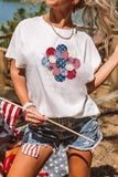 White Faux Patchwork Patriotic Flower Printed T Shirt Aaria Tees