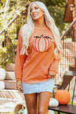 Orange Sequined Pumpkin Ribbed Round Neck Halloween Sweatshirt - Aaria Tees Aaria Tees
