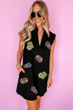 Black Sequin Patched V Neck Collared Mini Dress Aaria Tees
