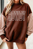 Coffee Contrast Plaid Sleeve HOWDY Embroidered Letter Graphic Mock Neck Sweatshirt Aaria Tees