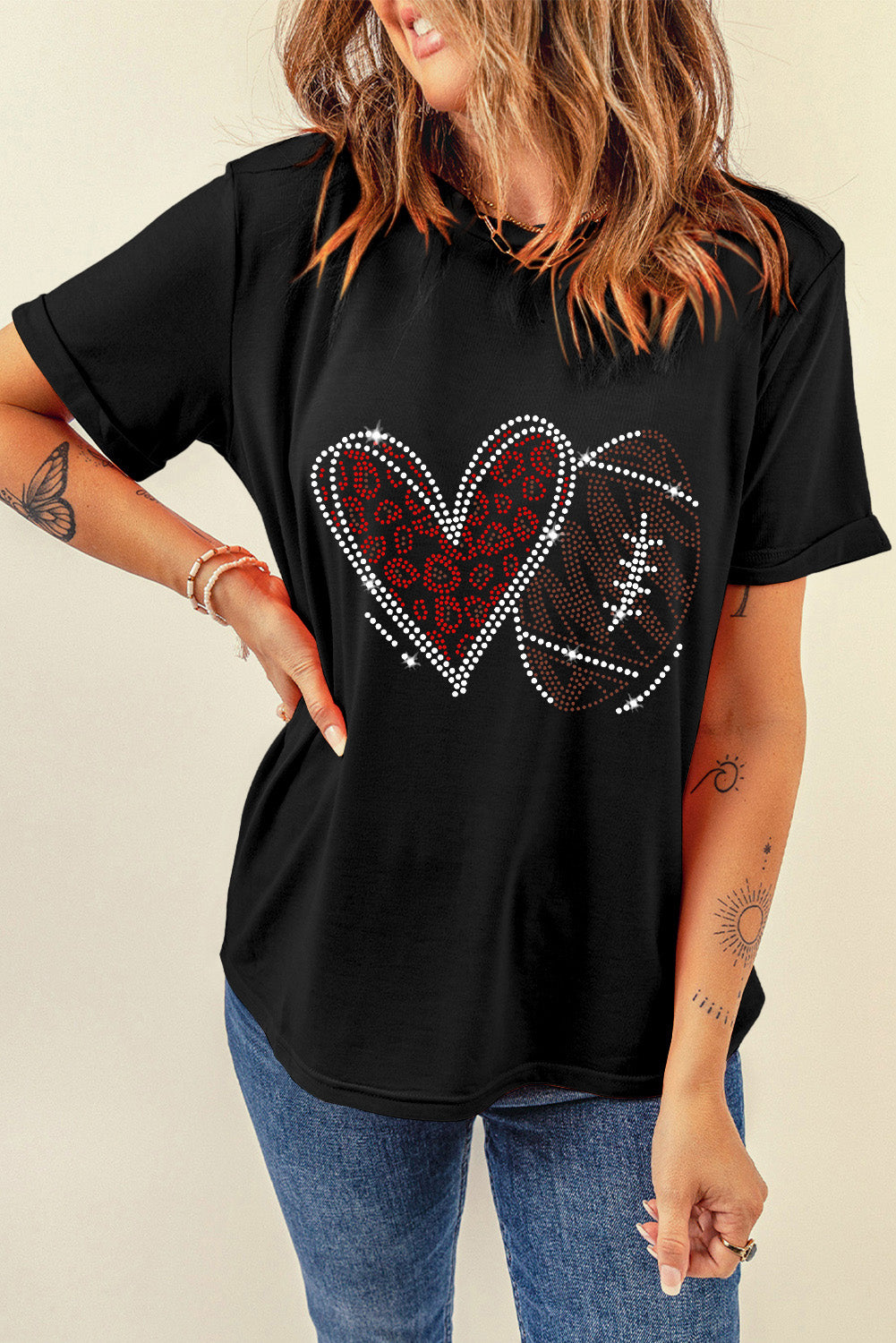 Black Rhinestone Rugby Football Heart Shape Graphic T Shirt - Aaria Tees Aaria Tees