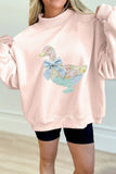 Apricot Pink Bow Knot Duck Faux Patchwork Printed Mock Neck Sweatshirt Aaria Tees