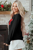 Blackish Green Twisted Rib Outlined Merry Letter Graphic Loose Long Sleeve Top Aaria Tees