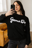Black Chenille Game Day Graphic Drop Shoulder Sweatshirt Aaria Tees