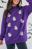 Tillandsia Purple Halloween Sequined Ghost Print Mock Neck Graphic Sweatshirt Aaria Tees