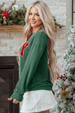 Blackish Green Twisted Rib Outlined Merry Letter Graphic Loose Long Sleeve Top Aaria Tees