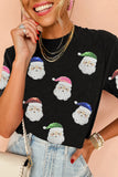 Black Sequin Patched Father Christmas Graphic T Shirt Aaria Tees