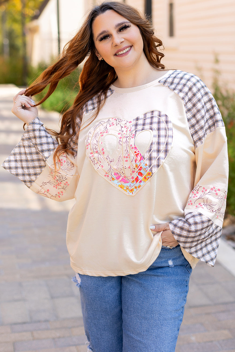 Beige Plaid Floral Peace Heart Graphic Wide Long Sleeve Top - Aaria Tees Aaria Tees