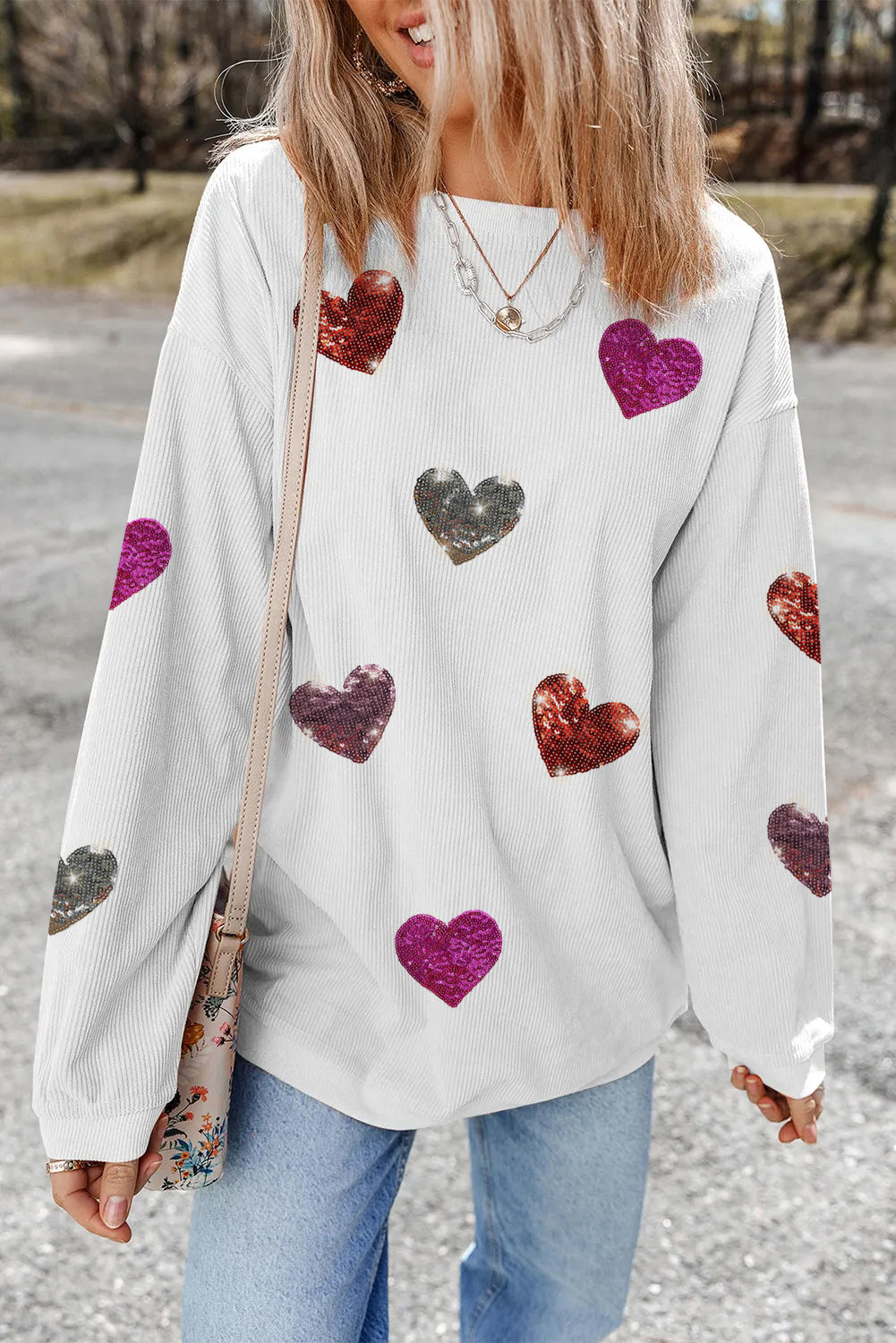 White Valentines Heart Patched Pattern Corded Pullover Sweatshirt - Aaria Tees Aaria Tees