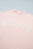 Light Pink BLESSED Embroidered Trim Patch Graphic Plus Size Mock Neck Sweatshirt - Aaria Tees Aaria Tees