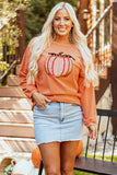 Orange Sequined Pumpkin Ribbed Round Neck Halloween Sweatshirt - Aaria Tees Aaria Tees