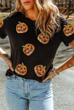 Black Sequin Pumpkin Face Halloween T Shirt - Aaria Tees Aaria Tees