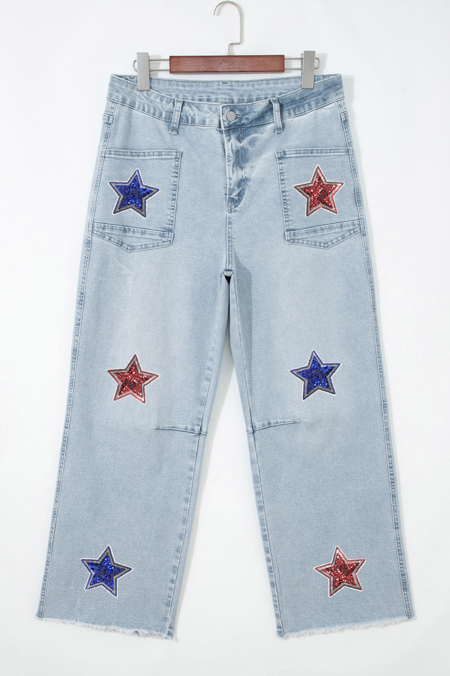 Beau Blue Patriotic Sequin Stars Patch Pocket Shift Jeans - Aaria Tees Aaria Tees