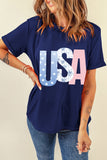 Blue USA Graphic July 4th Crew Neck T Shirt Aaria Tees