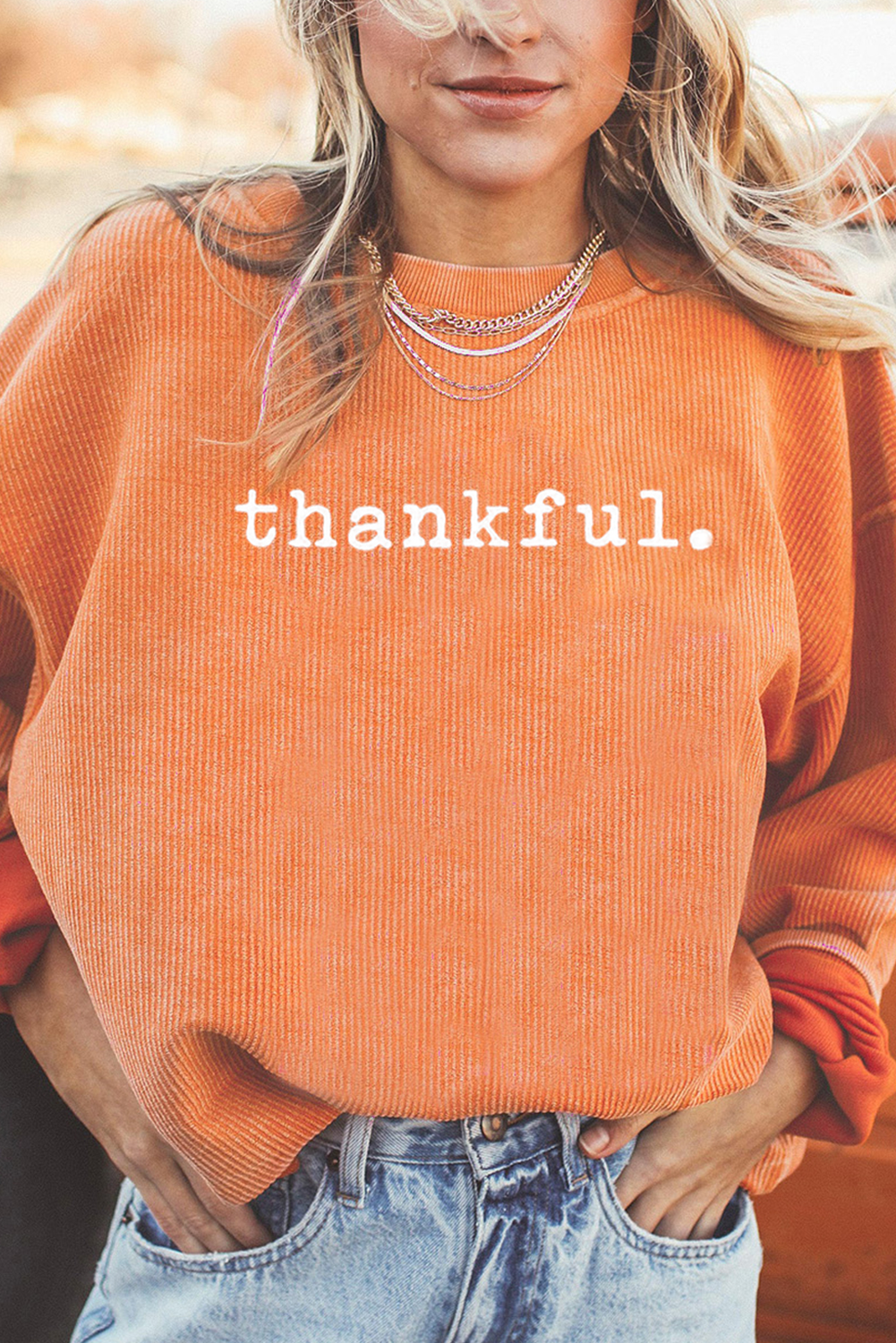 Orange Thankful Ribbed Crew Neck Thanksgiving Sweatshirt - Aaria Tees Aaria Tees
