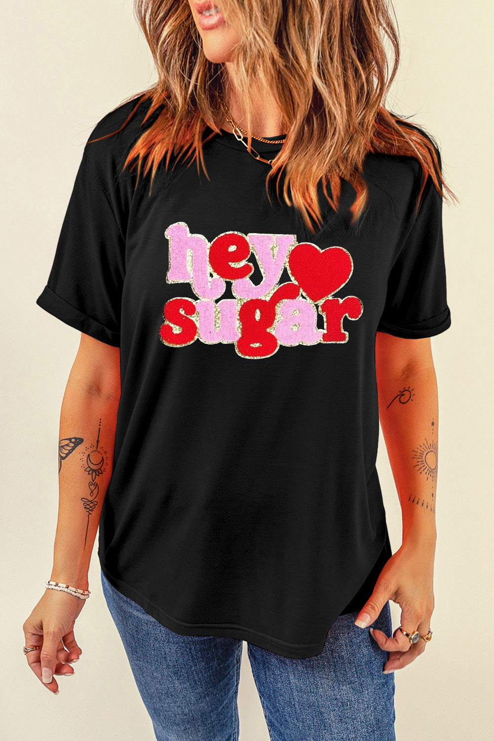 Black Chenille Heart hey sugar Patched Crewneck Valentines Tee - Aaria Tees Aaria Tees