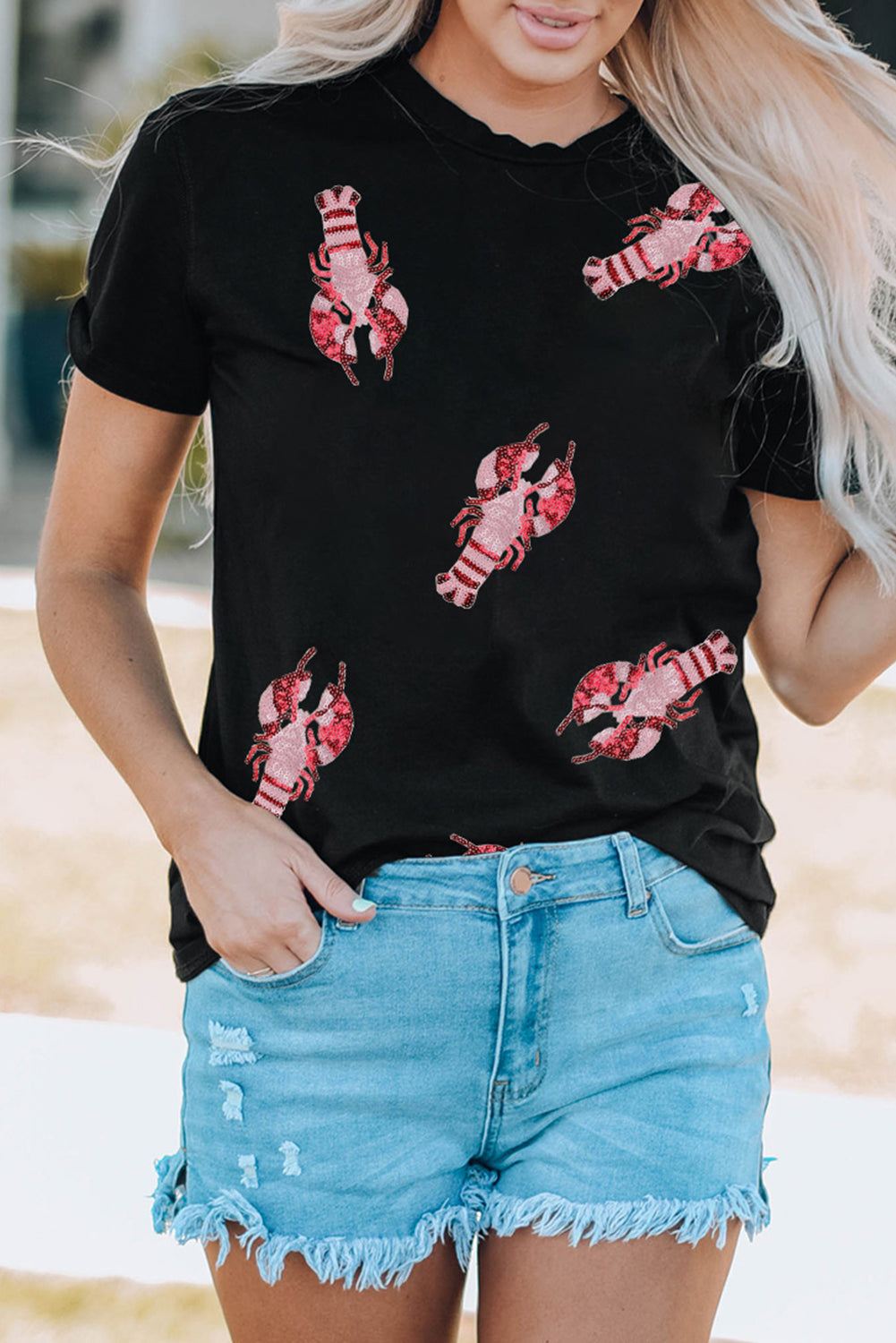 Black Sequined Crayfish Round Neck Graphic Tee - Aaria Tees Aaria Tees