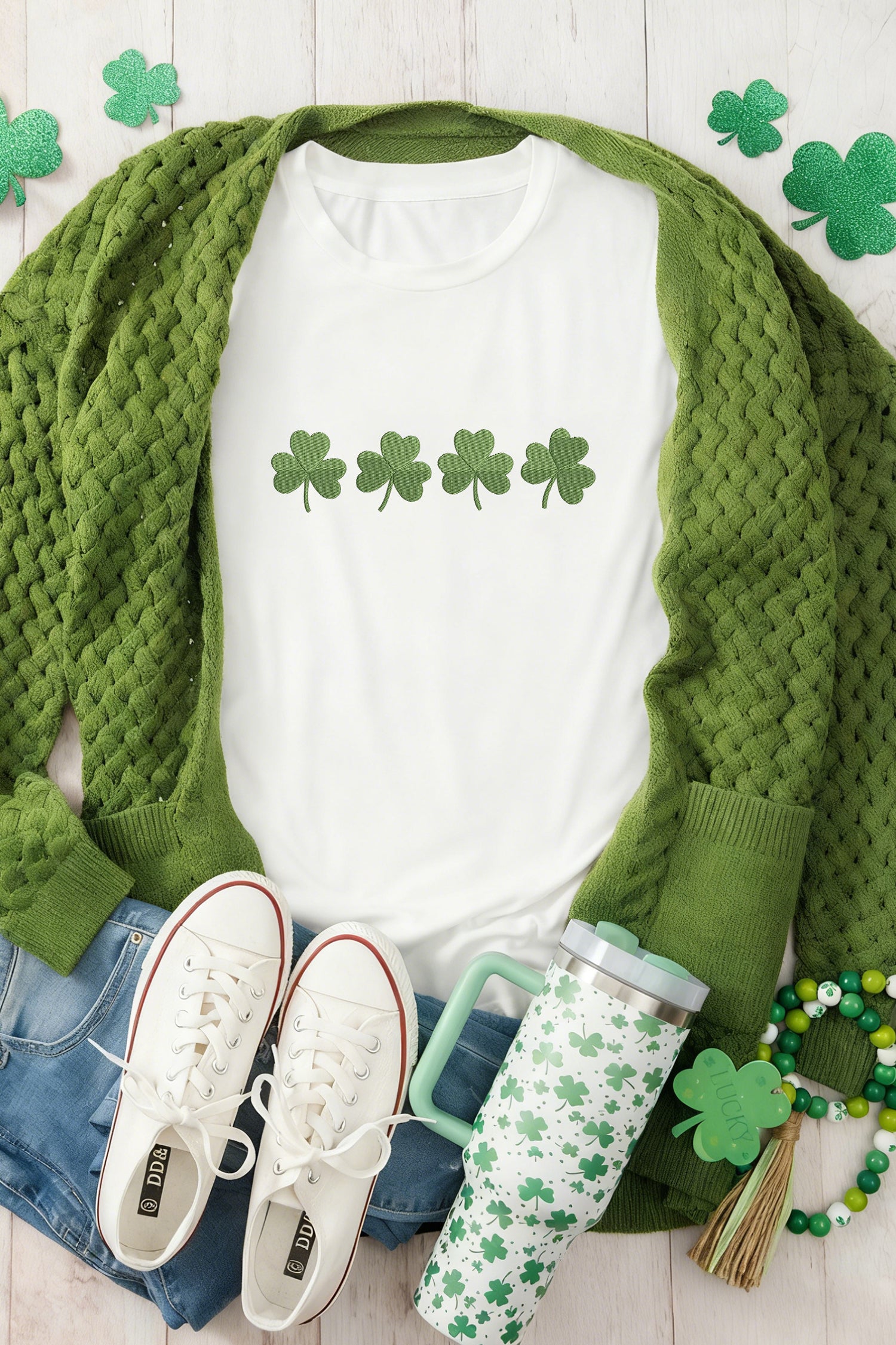 White Embroidered Clover St Patricks Fashion Graphic Tee - Aaria Tees Aaria Tees