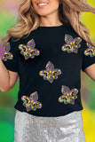 Black Maid Gras Sequin Fleur de Lis Graphic T Shirt Aaria Tees