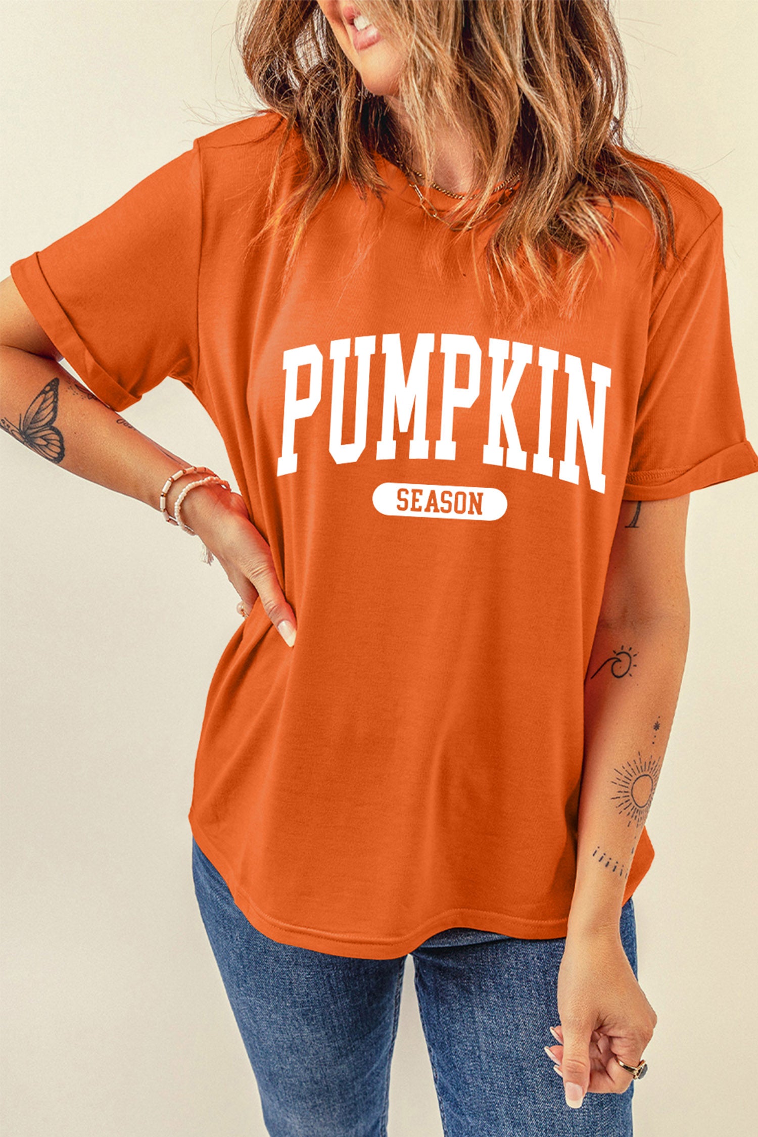 Orange PUMPKIN SEASON Letter Print Relaxed T Shirt - Aaria Tees Aaria Tees