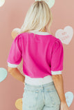 Bright Pink XOXO Embroidered Graphic Valentines Contrast Trim Crew Neck Short Puff Sleeve Sweater Tee - Aaria Tees Aaria Tees