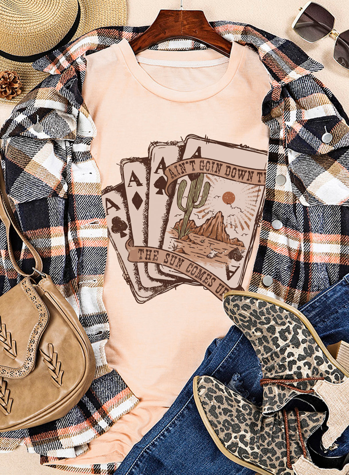 Khaki Western Poker Cards Graphic T Shirt - Aaria Tees Aaria Tees