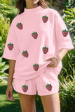 Light Pink Sequin Strawberry Oversized Tee Casual Shorts 2pcs Set Aaria Tees