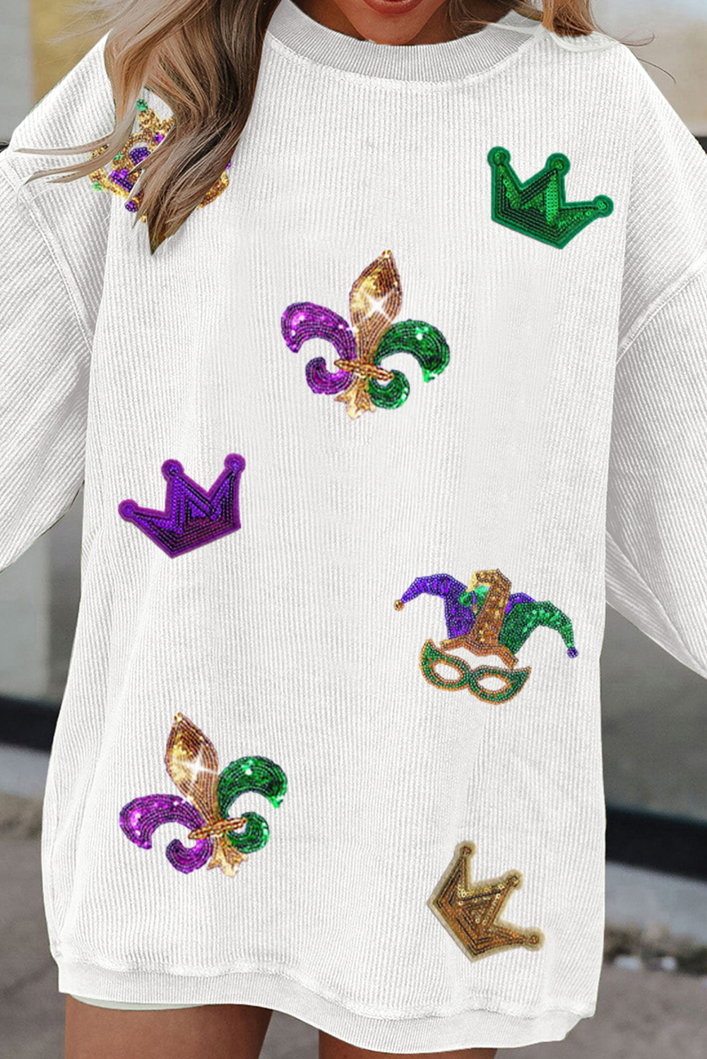 White Sequin Mardi Gras Symbol Crown Mask Patched Corded Sweatshirt - Aaria Tees Aaria Tees