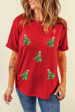 Red Sequined Christmas Tree Graphic Crewneck T Shirt Aaria Tees