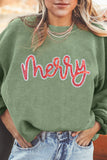Grass Green Sequined merry Letter Graphic Twisted Ribbed Baggy Sweatshirt Aaria Tees