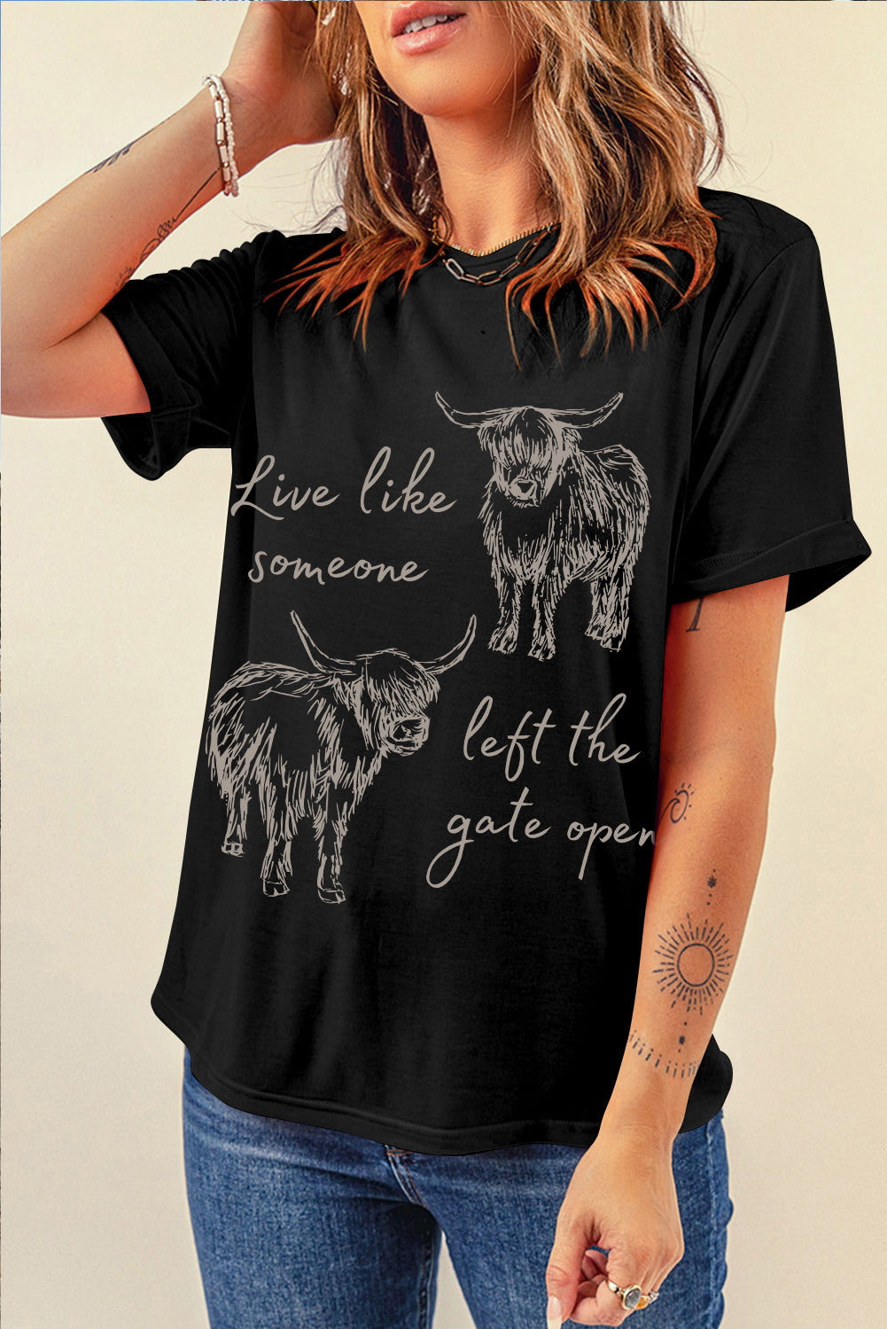 Black Western Cow Print Round Neck Casual Tee - Aaria Tees Aaria Tees