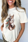 White Western Aztec Horse Graphic Crewneck Tee - Aaria Tees Aaria Tees