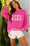 Strawberry Pink Twisted Ribbed Long Sleeve XOXO Bow Print Embroidered Patch Graphic Top - Aaria Tees Aaria Tees