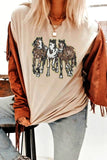Khaki Sequin Horses Patched Casual Crewneck T Shirt Aaria Tees