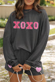 Carbon Grey XOXO Heart Patched Pattern Long Sleeve Corded Shorts Set Aaria Tees