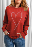 Fiery Red Rhinestone Heart Shaped Long Sleeve Sweatshirt Aaria Tees