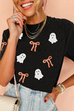 Black Sequin Bow Ghost Patched Halloween Graphic Tee Aaria Tees