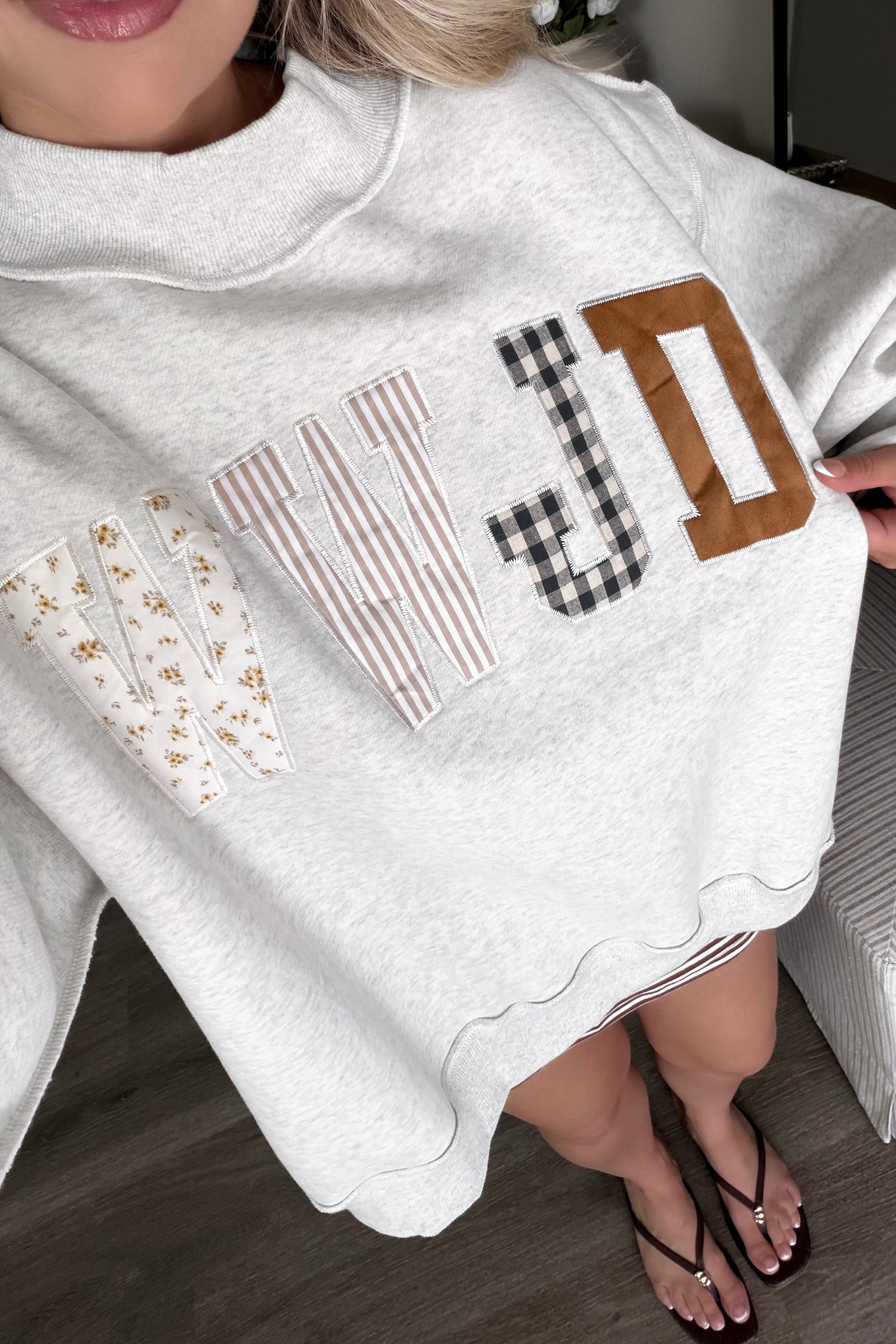 Gray WWJD Mixed Pattern Embroidered Patch Graphic Mock Neck Sweatshirt - Aaria Tees Aaria Tees