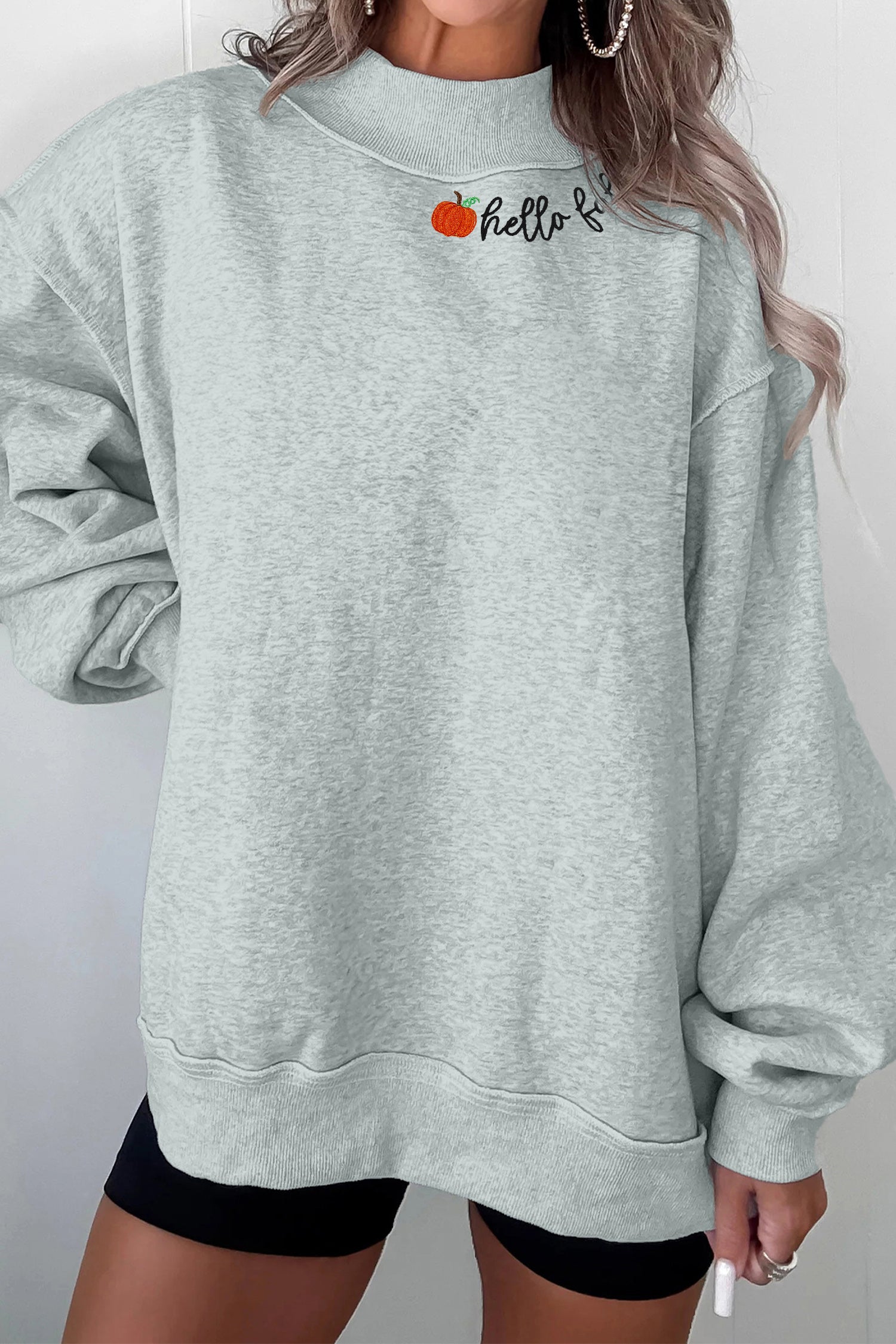 Gray hello fall Embroidered Pumpkin Detail Mock Neck Sweatshirt - Aaria Tees Aaria Tees