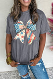 Gray US Flag Bow Print Round Neck Loose T Shirt Aaria Tees