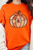 Orange Patchwork Pumpkin Graphic Print Crewneck  T-Shirt Aaria Tees