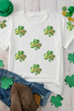 White Sequin Lucky Clover Patched Casual Round Neck Tee Aaria Tees