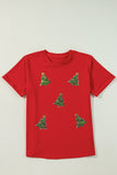 Red Sequined Christmas Tree Graphic Crewneck T Shirt Aaria Tees