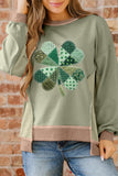 Smoke Green Waffled Color Block St Patricks Day Clover Patched Baggy Sweatshirt Aaria Tees