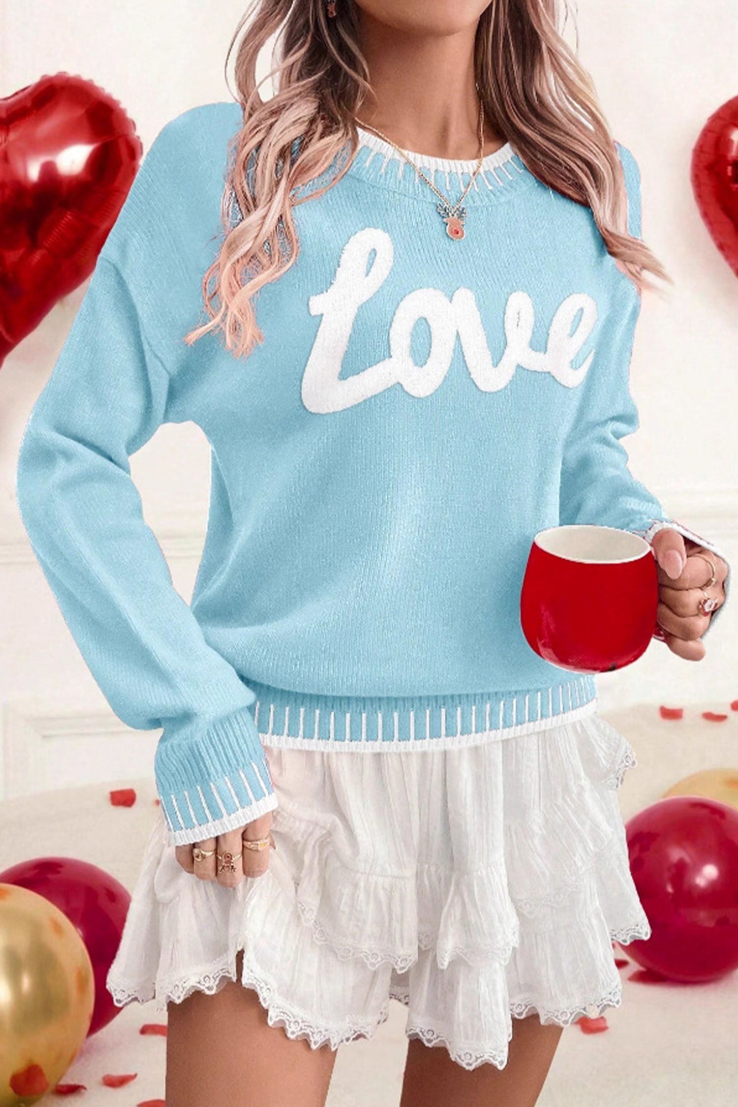 Pink Valentine Love Chenille Letter Graphic Sweater - Aaria Tees Aaria Tees