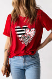 Red Leopard Striped Heart Shaped Print Crew Neck T Shirt - Aaria Tees Aaria Tees