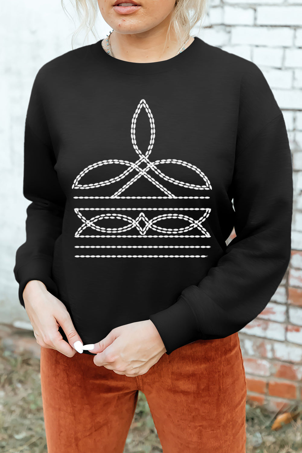 Black Western Pattern Print Round Neck Pullover Sweatshirt - Aaria Tees Aaria Tees