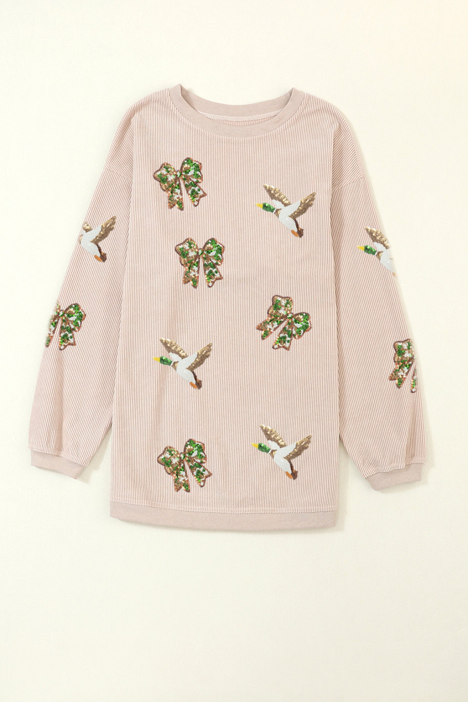 Apricot Twisted Rib Sequin Patched Mallard Bow Pattern Oversized Sweatshirt - Aaria Tees Aaria Tees