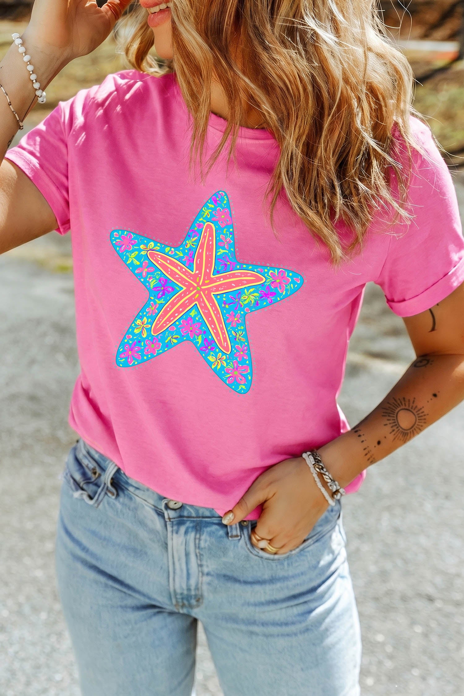 Sachet Pink Floral Starfish Printed Casual Round Neck Tee - Aaria Tees Aaria Tees